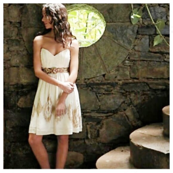 ANTHROPOLOGIE Moulinette Soeurs Cream Sweetheart Dress Size 8 Belted Linen Blend - Picture 1 of 7